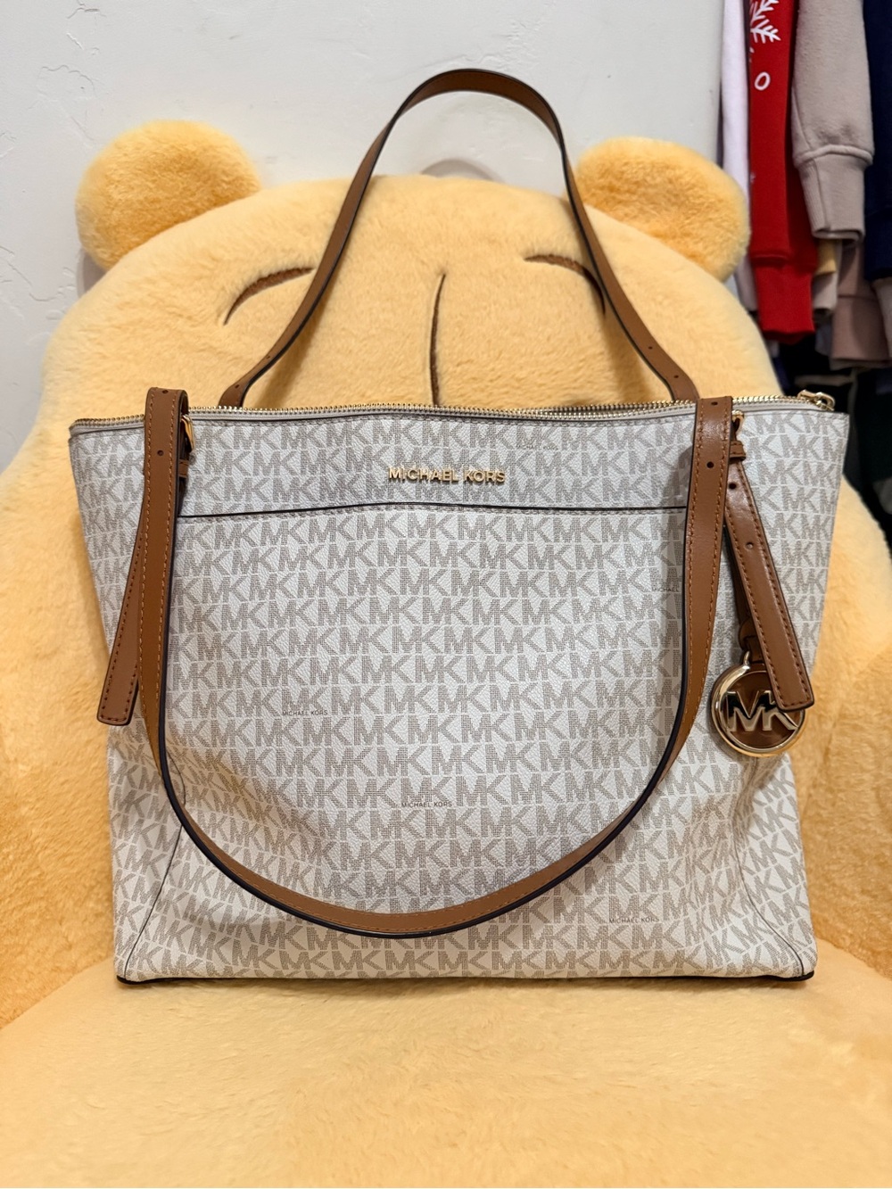 MICHAEL KORS Cream MK Logo Tote with Brown Trim